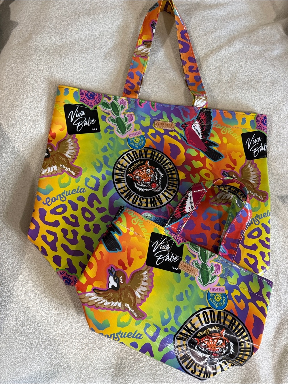 Consuela CAMI grab n go Leopard Print Tote with Floral & Bird Patch set of 2